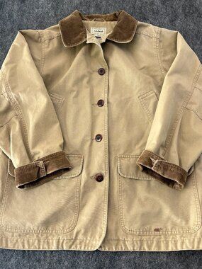 LL Bean Chore Field Coat Jacket Tan Canvas Barn Jacket Corduroy Womens Large Pet